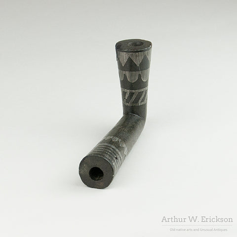 Mid 19th Century Black Steatite Pipe With Pewter Inlay