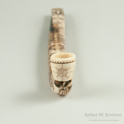 Heavily Scrimshawed Early Eskimo Ivory Pipe.