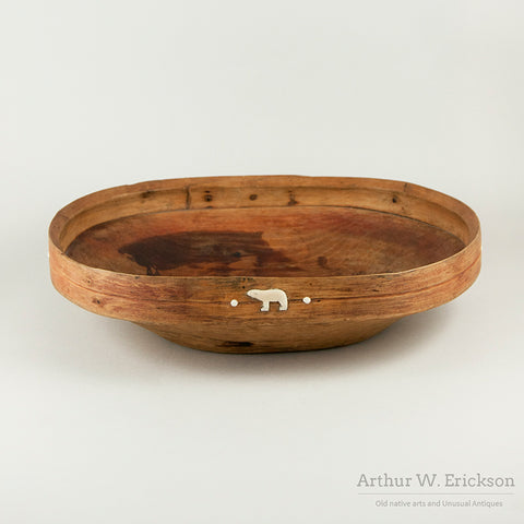 Large Yupik Wood Food Bowl with Ivory Inlay