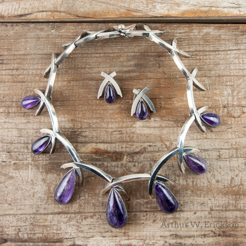 Antonio Pineda Amethyst and Sterling Silver Modernist Necklace and Earring Set