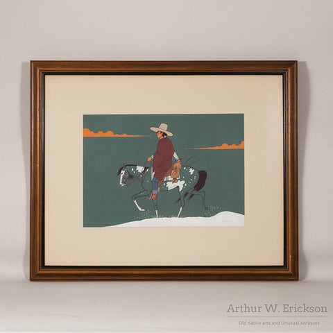 Beatien Yazz (Jimmy Toddy) Painting of Navajo Man on Horseback in Snow