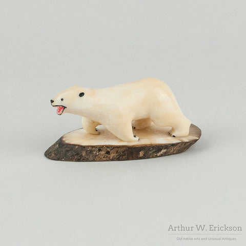 Carved Polar Bear on Walrus Ivory Base
