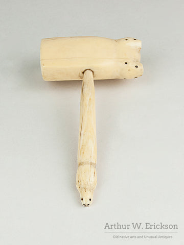 Carved Walrus Ivory Gavel with Seal Heads