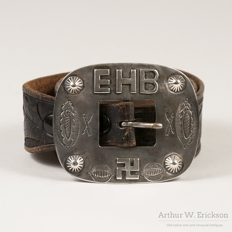 1930's Heavy Silver Navajo Buckle and tooled belt - 1