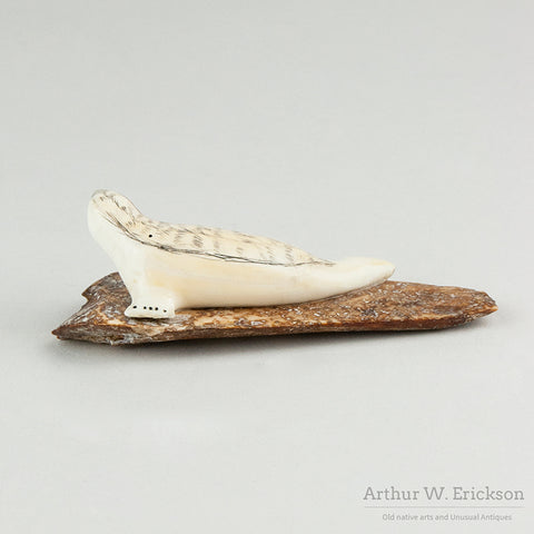 Eskimo Carved Seal on Fossilized Walrus Ivory Base