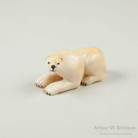 Eskimo Carved Walrus Ivory Resting Polar Bear