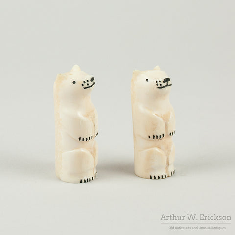 Eskimo Carved Walrus Ivory Polar Bear Salt and Pepper Shakers