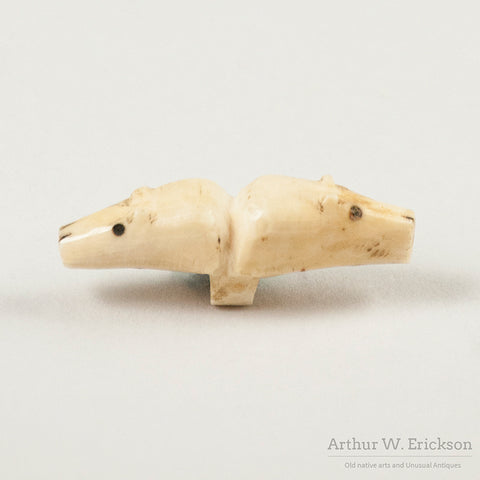 Eskimo Carved Walrus Ivory Two Bear headed Button