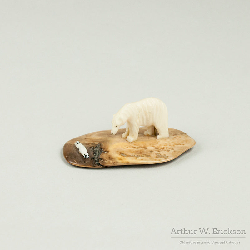 Eskimo Carved Polar Bear and Seal on Fossilized Ivory Base