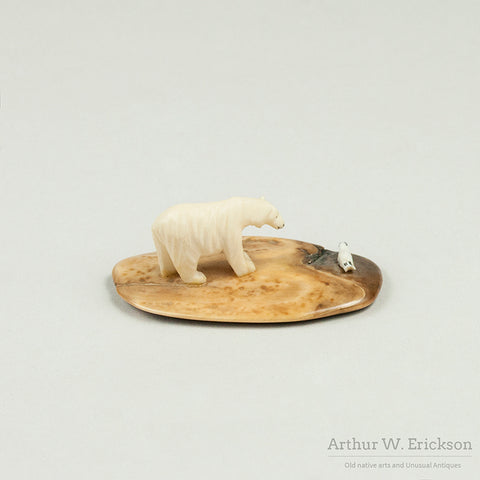 Eskimo Carved Polar Bear and Seal on Fossilized Ivory Base