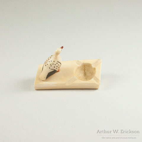 Eskimo Carved Walrus Ivory Ash Tray with Scrimshawed Goose