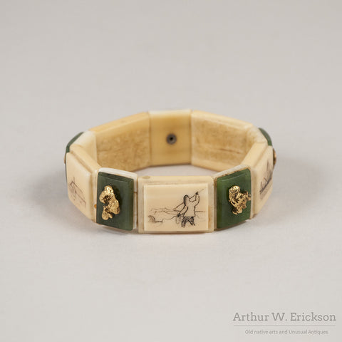 Eskimo Walrus Ivory Bracelet with Gold Nuggets, Jade, and Scrimshaw - Arthur W. Erickson - 2