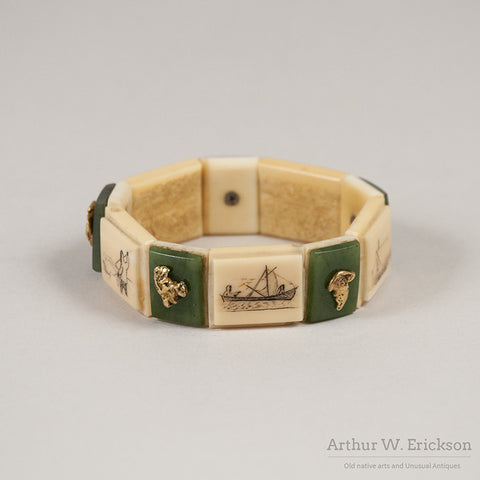 Eskimo Walrus Ivory Bracelet with Gold Nuggets, Jade, and Scrimshaw - Arthur W. Erickson - 3