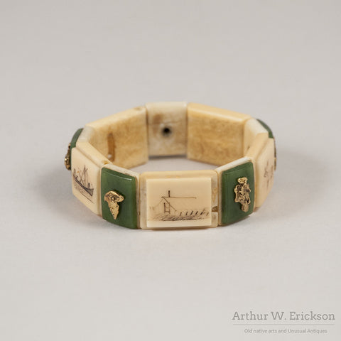 Eskimo Walrus Ivory Bracelet with Gold Nuggets, Jade, and Scrimshaw - Arthur W. Erickson - 4