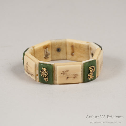 Eskimo Walrus Ivory Bracelet with Gold Nuggets, Jade, and Scrimshaw - Arthur W. Erickson - 5