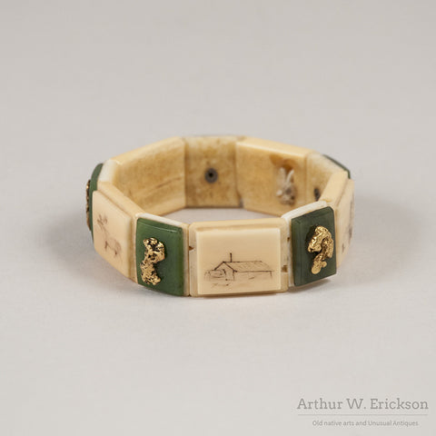 Eskimo Walrus Ivory Bracelet with Gold Nuggets, Jade, and Scrimshaw - Arthur W. Erickson - 6