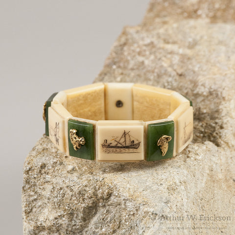 Eskimo Walrus Ivory Bracelet with Gold Nuggets, Jade, and Scrimshaw - Arthur W. Erickson - 1