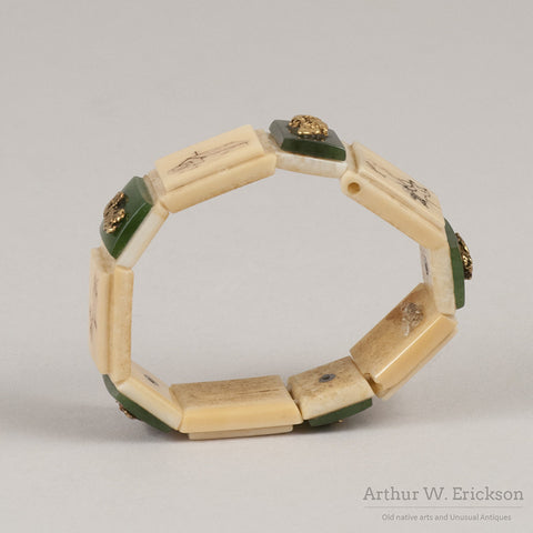 Eskimo Walrus Ivory Bracelet with Gold Nuggets, Jade, and Scrimshaw - Arthur W. Erickson - 7