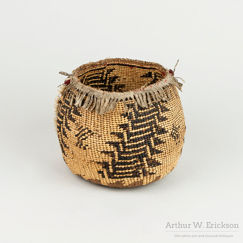 Old Pit River Basket with Leather Fringe