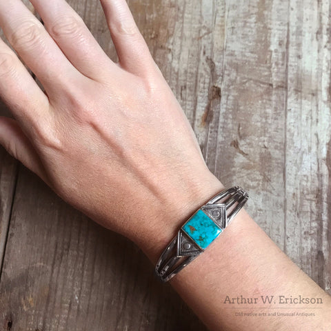 Ike Wilson Navajo Silver and Turquoise Cuff Bracelet