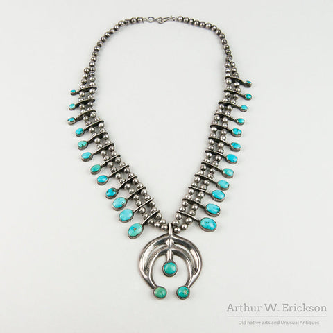 Juan De Dios Turquoise and Sterling Silver Squash Blossom Necklace