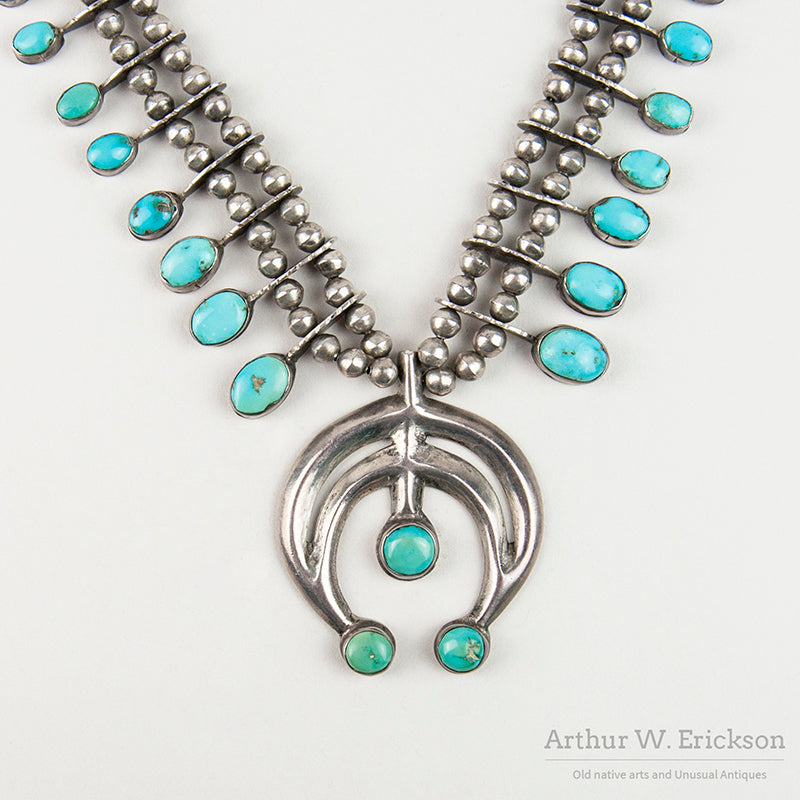 Juan De Dios Turquoise and Sterling Silver Squash Blossom Necklace
