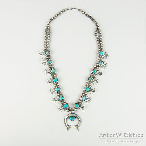 Navajo Sandcast Silver and Turquoise Squash Blossom Necklace