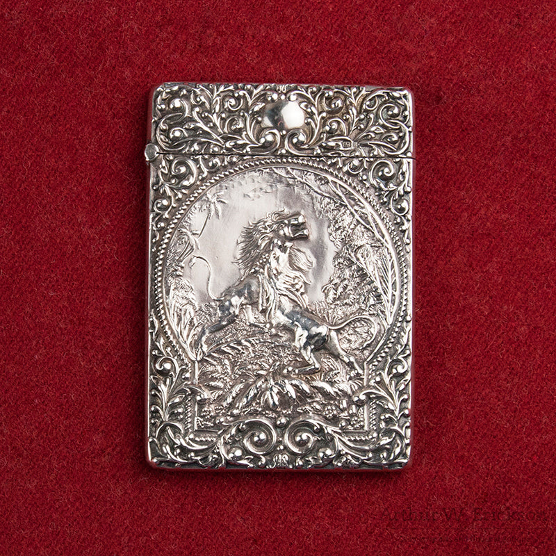 Ornate Edwardian English Sterling Silver Card Case with Battling Lions