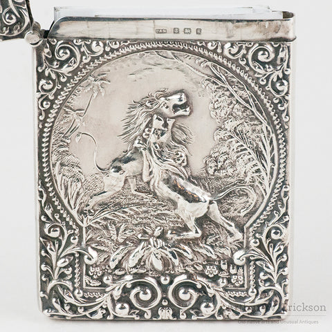 Ornate Edwardian English Sterling Silver Card Case with Battling Lions
