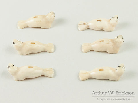 Six Carved Walrus Ivory Seal Buttons