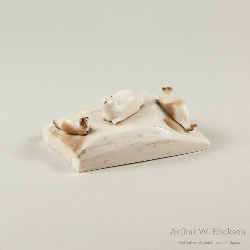 Three Eskimo Carved Seals on Walrus Ivory Base