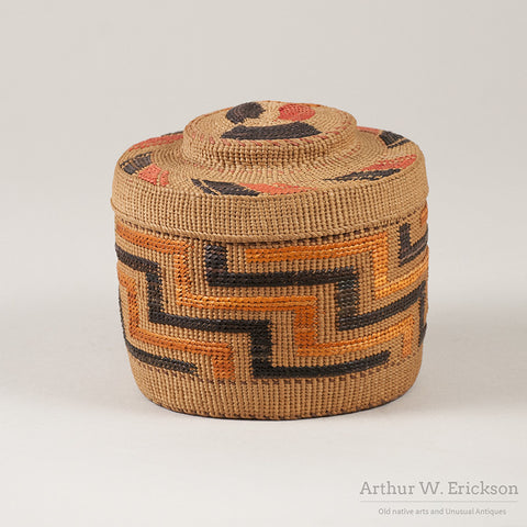 Tlingit lidded basket with Orange and Black Design
