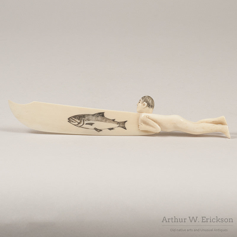 Eskimo Carved letter opener with Swimming Man Handle